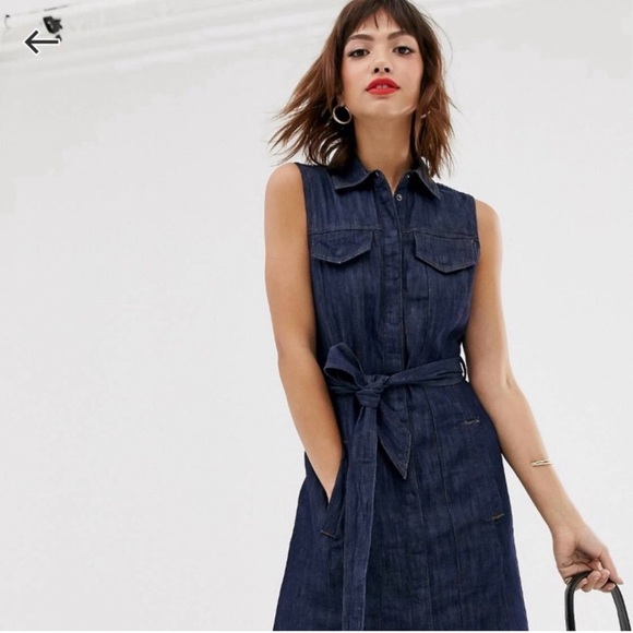 Warehouse Denim Mini Dress Sleeveless Tie Waist Pockets Dark Wash Size 6 Small - Picture 8 of 10